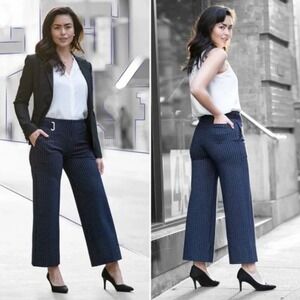 Betabrand Midtowne Navy Blue Grid Print Wide‎ Leg Cropped Pants Size L